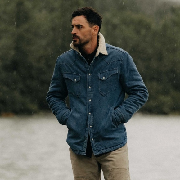 Taylor Stitch Blue Denim Shirt Jacket with Sherpa Collar